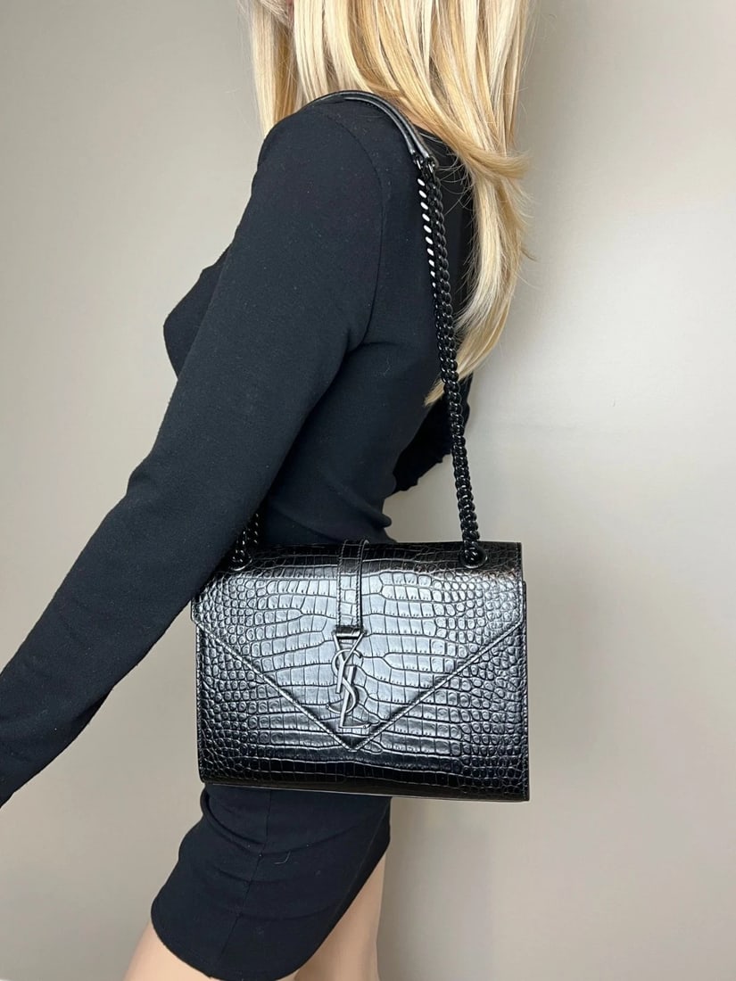 Saint Laurent Embossed Black Leather Envelope Medium Chain Shoulder Bag IV - 13