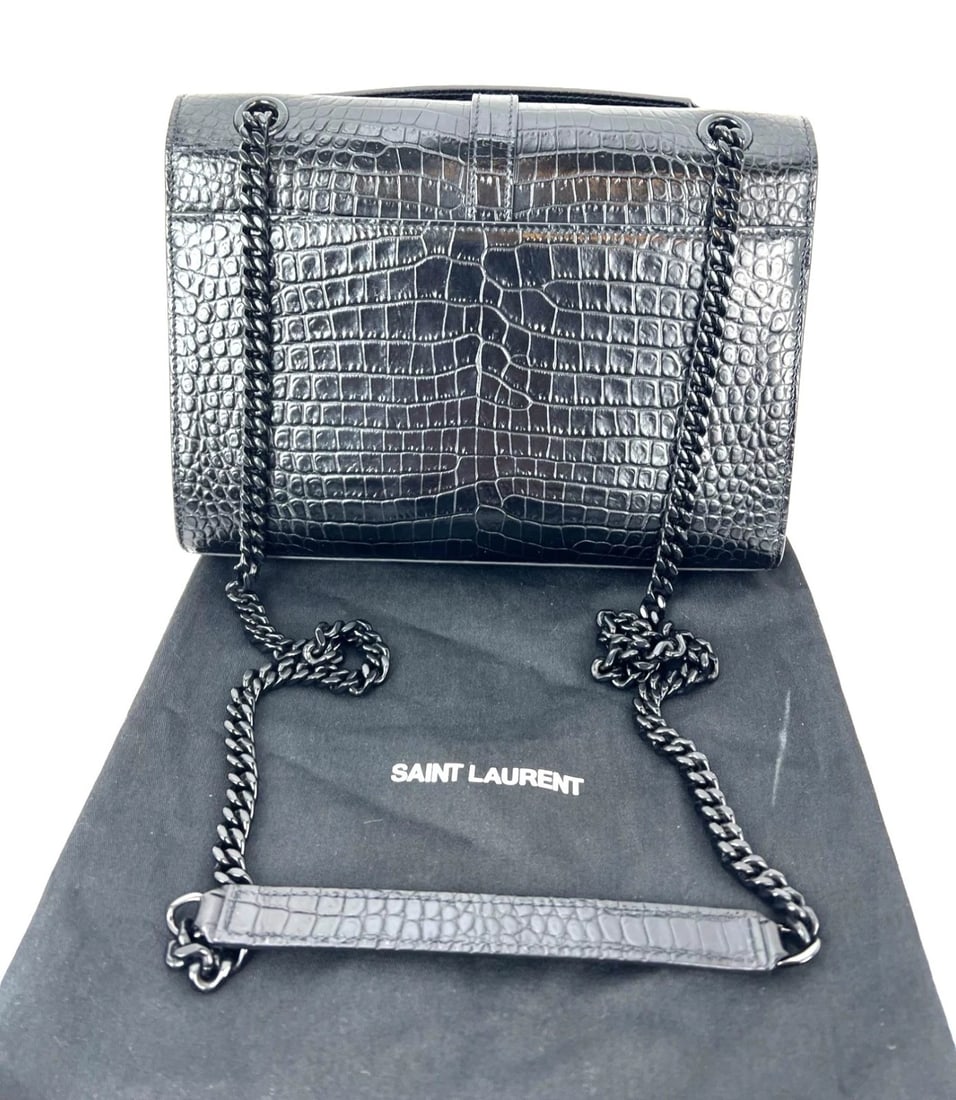 Saint Laurent Embossed Black Leather Envelope Medium Chain Shoulder Bag IV - 2