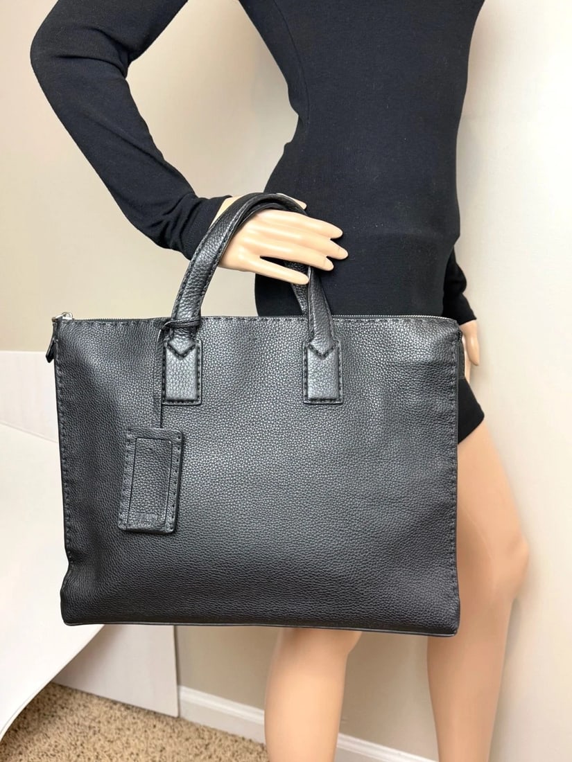 Fendi Cuoio Romano Selleria Black Leather Briefcase Attache Bag - 17