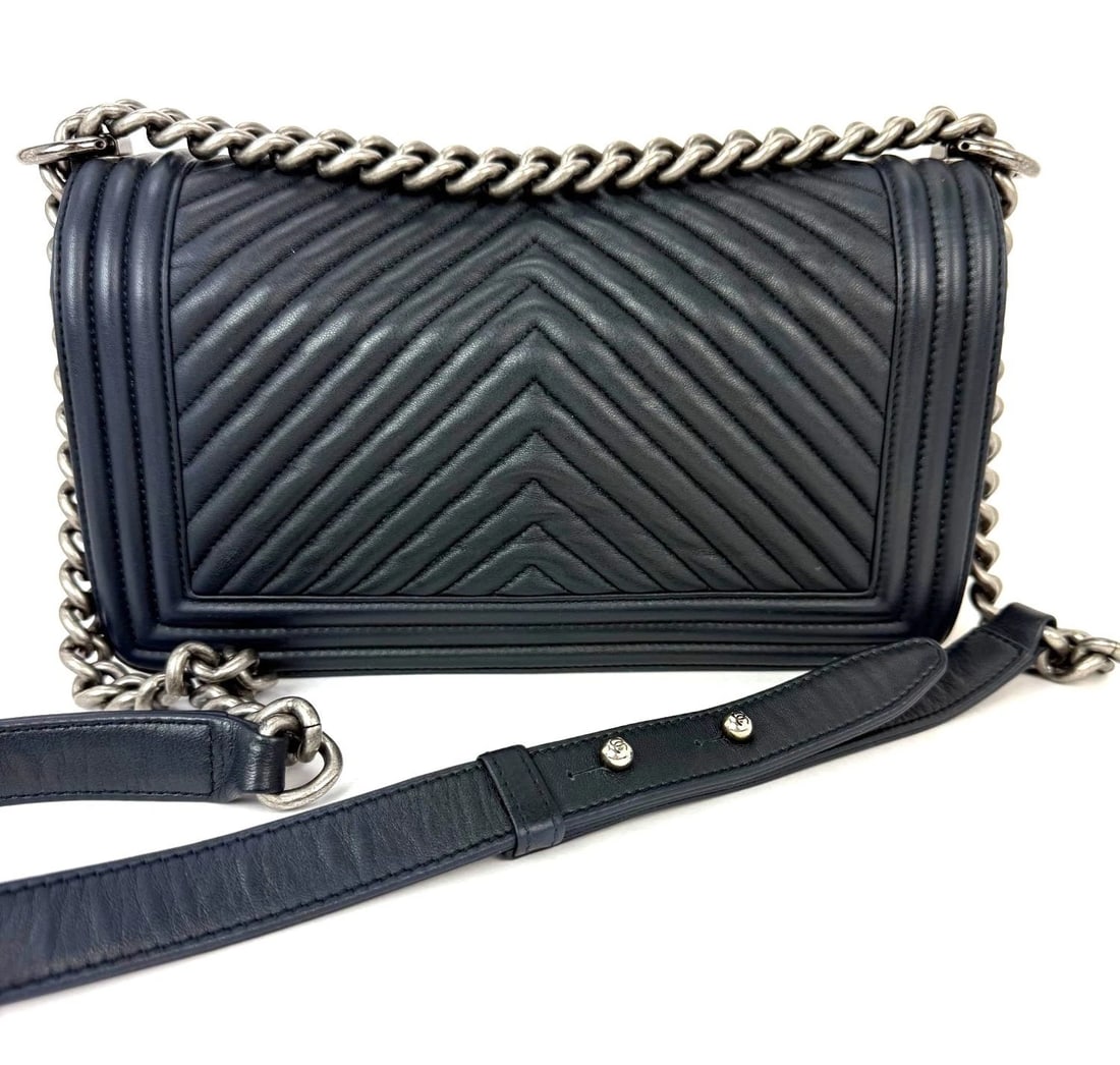 CHANEL Lambskin Chevron Quilted Medium Boy Flap Navy Blue Shoulder Bag - 2