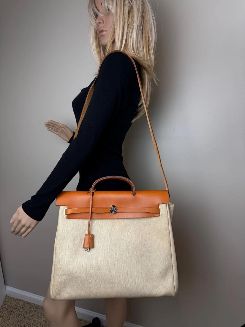 Hermes Toile Vache Herbag 39 MM Natural Shoulder Hand Bag - 19