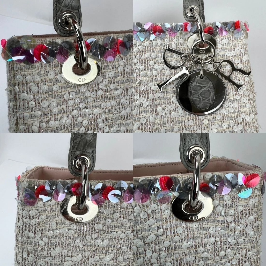 Christian Dior Sequins Tweed Medium Lady Dior Light Pink Bag - 12