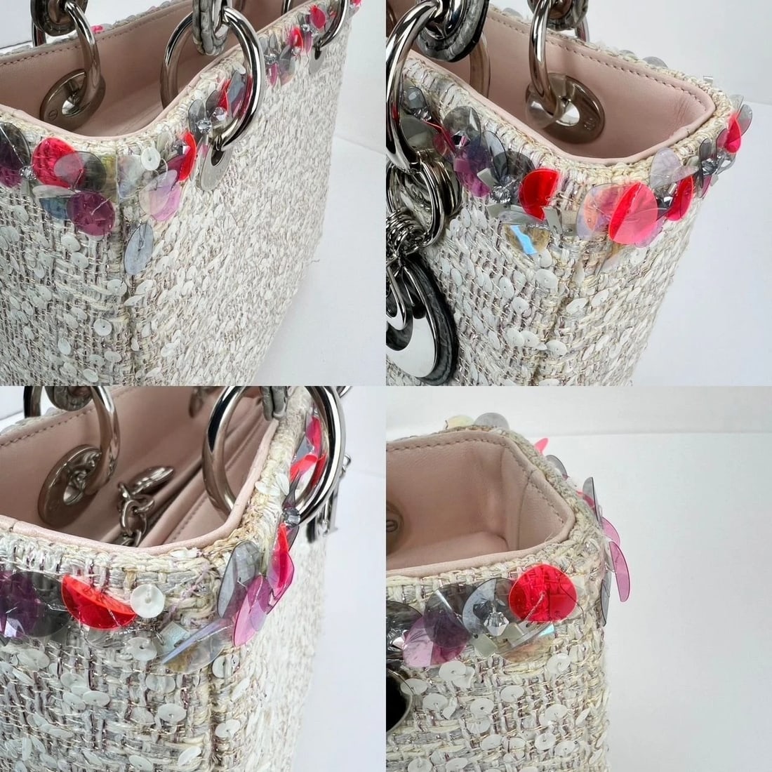 Christian Dior Sequins Tweed Medium Lady Dior Light Pink Bag - 14