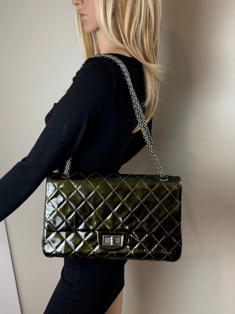 Chanel 2.55 Reissue Double Flap Iridescent Dark Green Patent Leather Bag - 7