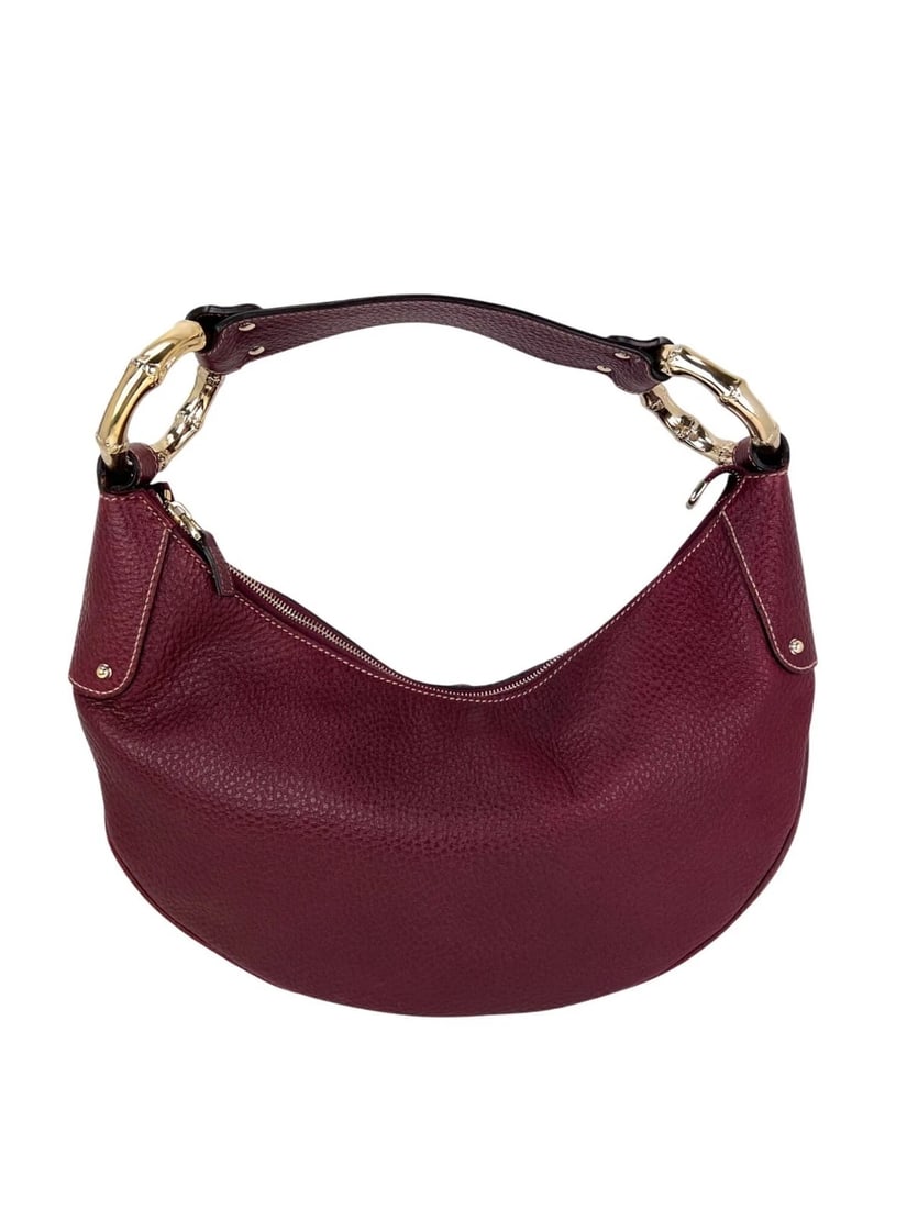 Gucci Half Moon Burgundy Leather Bamboo Ring Hobo Bag: Title: Gucci Half Moon Burgundy Leather Bamboo Ring Hobo Bag Description: Pre-Owned 100% Authentic Gucci Half Moon Burgundy Leather Bamboo Ring Hobo Bag RATING: B...Very Good, well maintained, shows m
