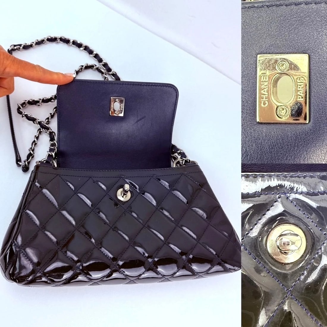 Chanel Medium Coco Shine Accordion Patent Leather Dark Navy Flap Bag - 3
