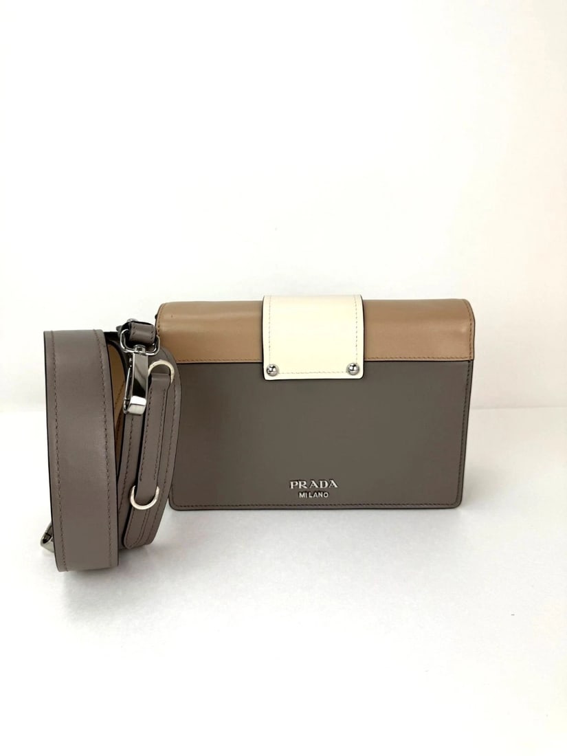 Prada Cahier Beige Gray Calfskin Leather Crossbody Clutch Bag - 2