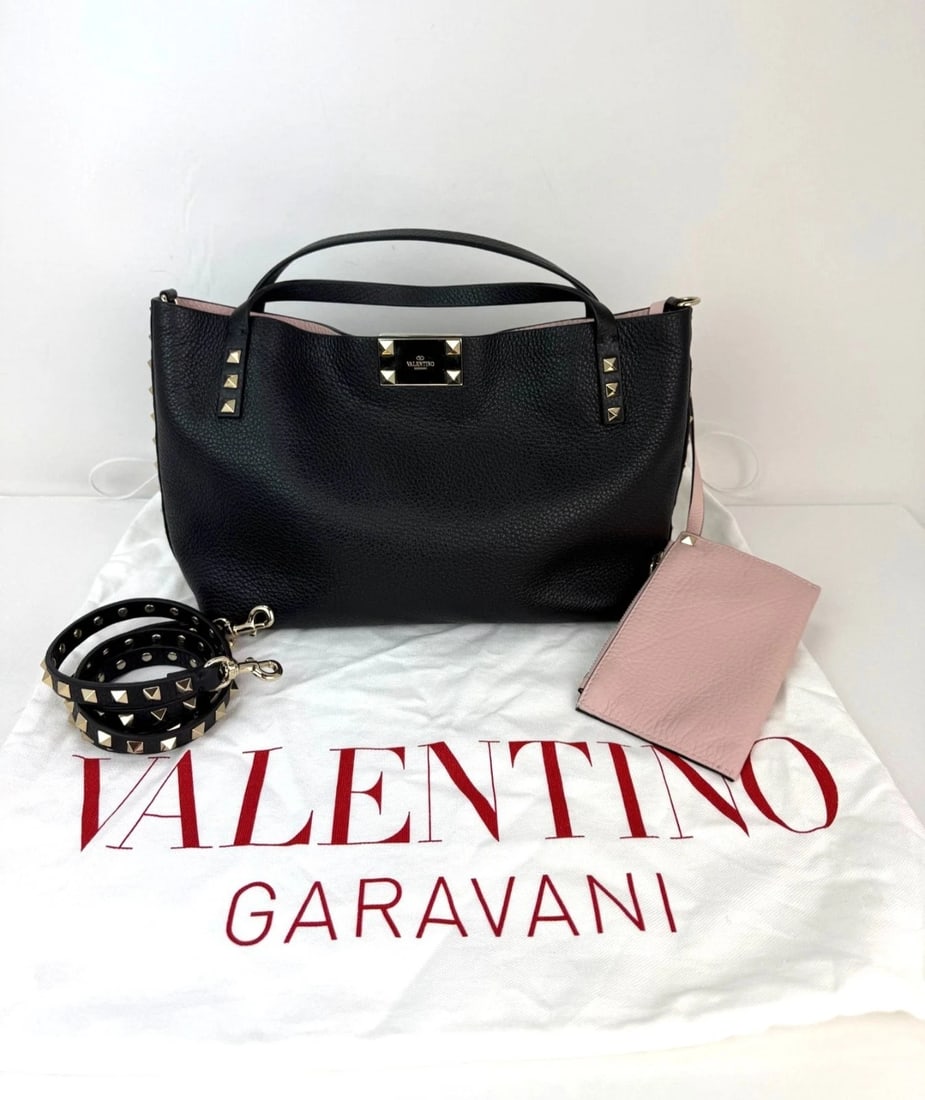 Valentino Giaravani Rockstud Small Black Leather Tote Bag - 2