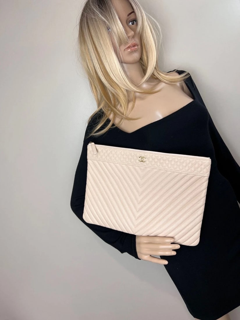 Chanel Caviar Chevron Quilted Large Beige Leather Cosmetic Clutch Bag - 10