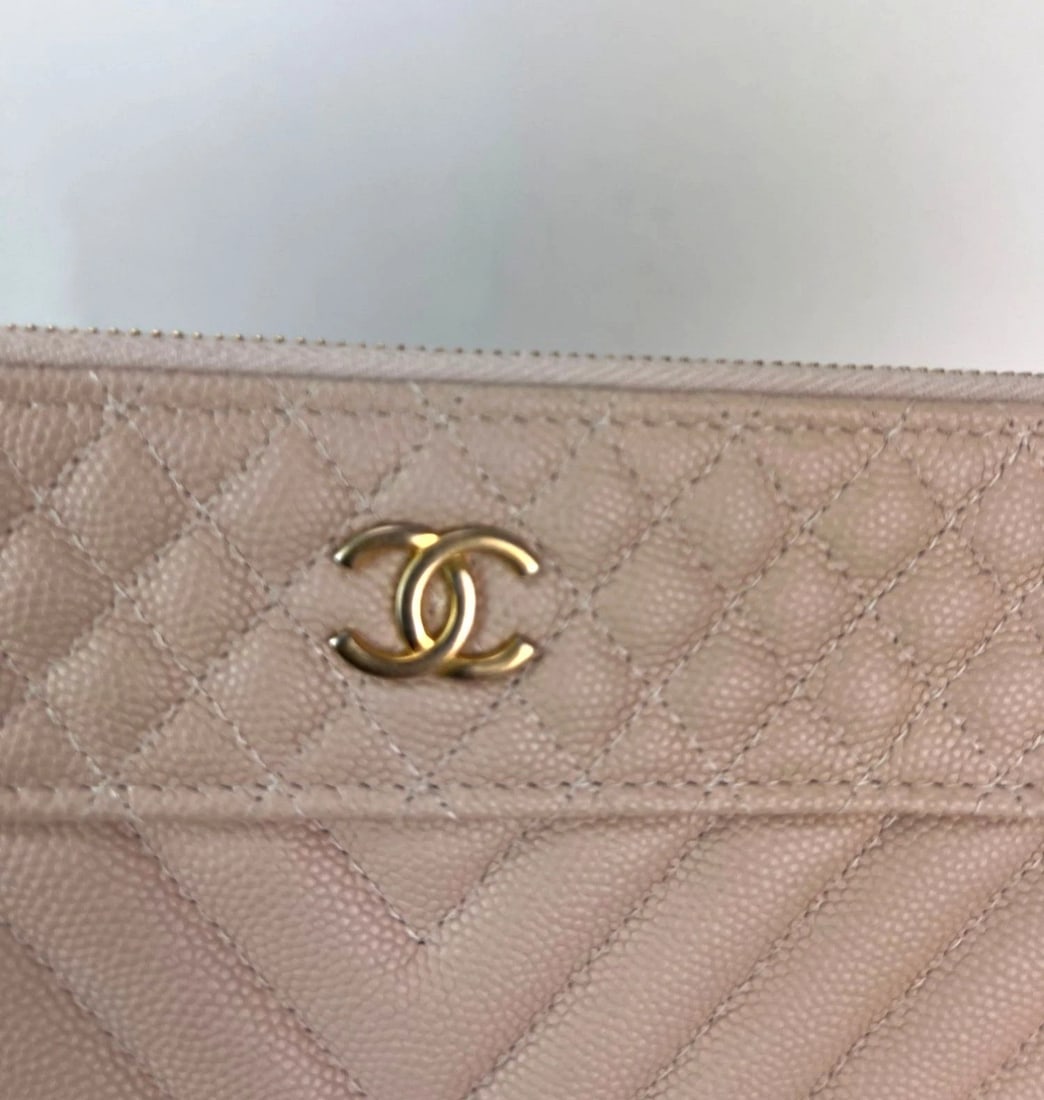 Chanel Caviar Chevron Quilted Large Beige Leather Cosmetic Clutch Bag - 12