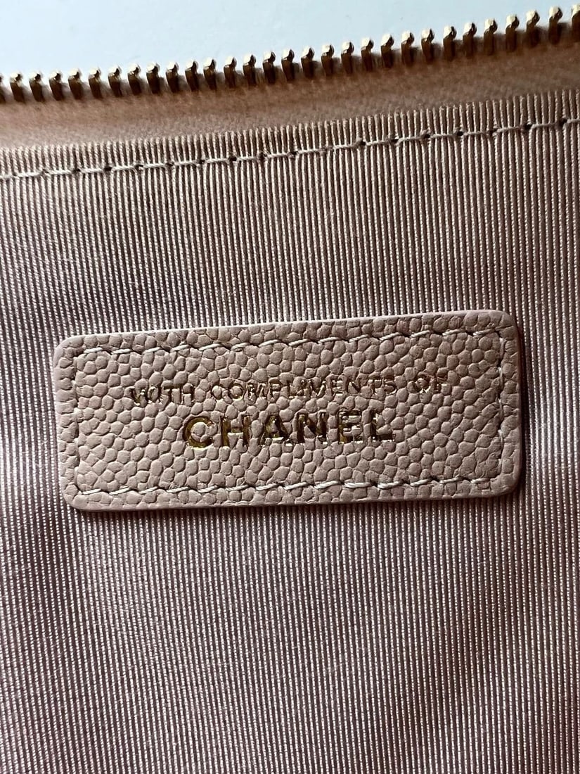 Chanel Caviar Chevron Quilted Large Beige Leather Cosmetic Clutch Bag - 6