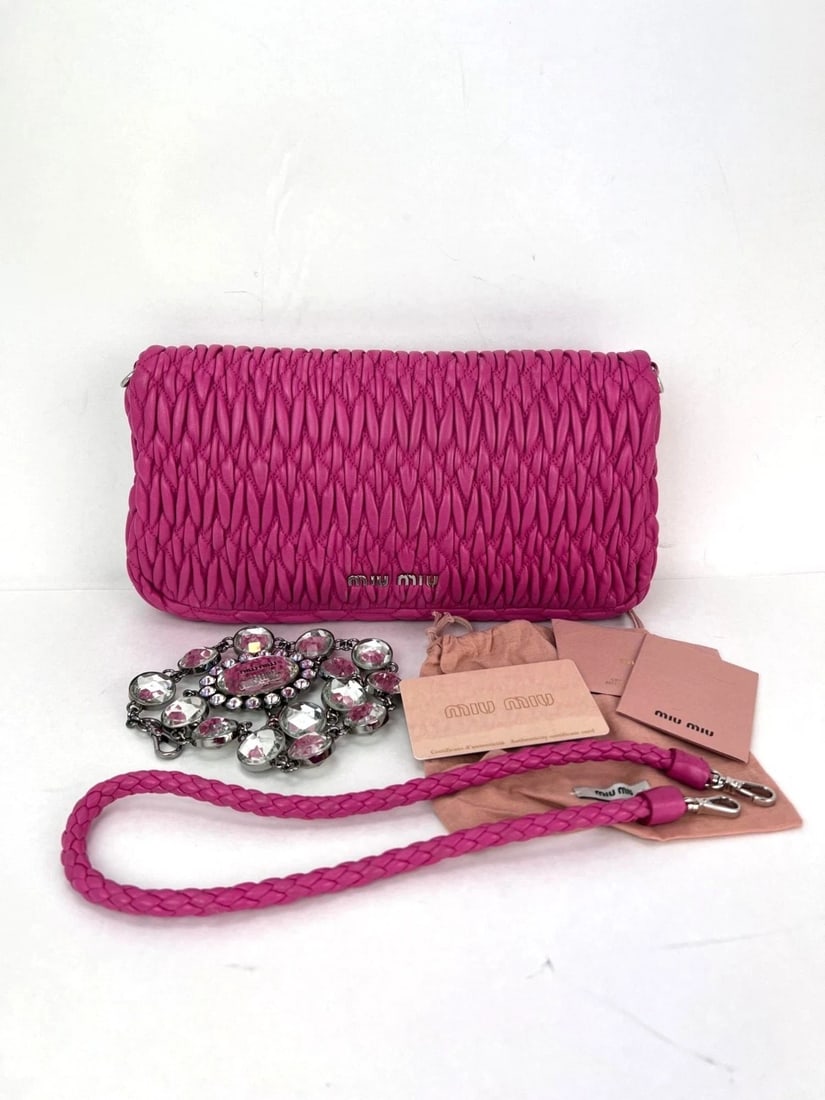 Miu Miu Pink Lambskin Nappa Crystal Shoulder Clutch Bag - 2