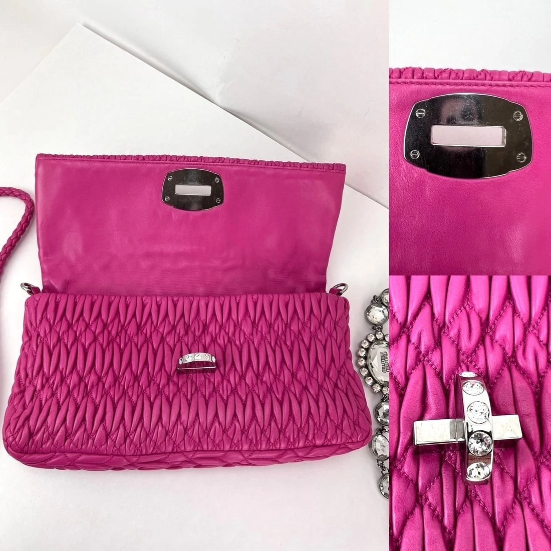 Miu Miu Pink Lambskin Nappa Crystal Shoulder Clutch Bag - 7