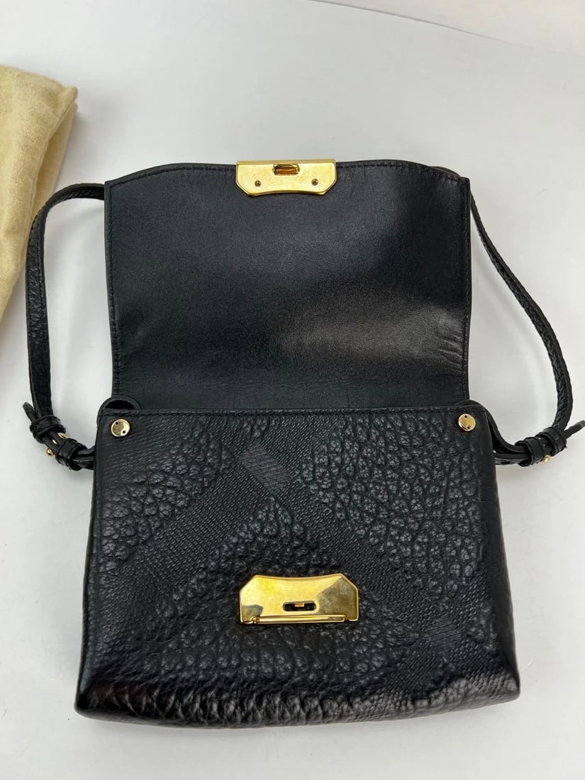 Burberry Signature Grain Leather Check Embossed Langley Black Crossbody - 12