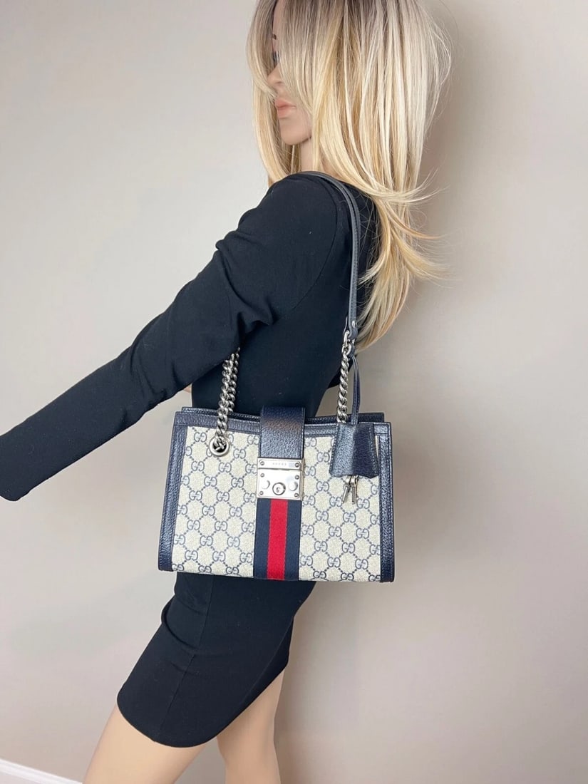 Gucci GG Supreme Dollar Calfskin Web Small Padlock Navy Tote - 7