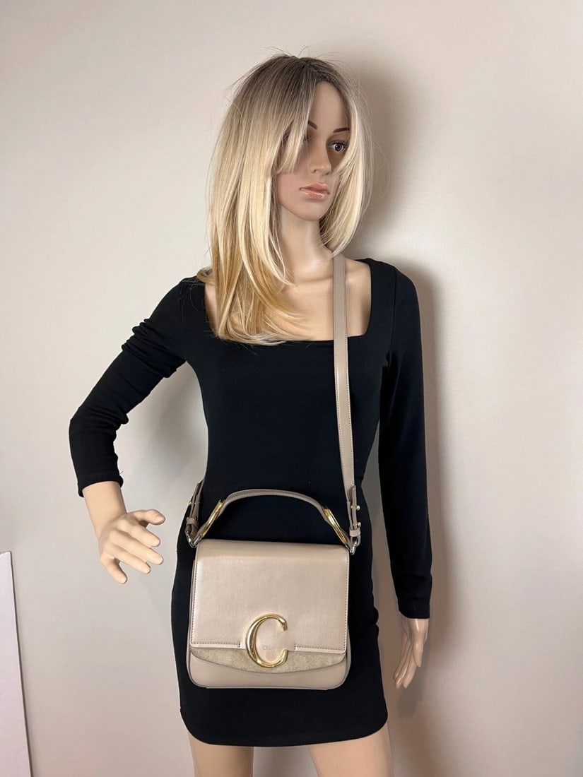 Chloe Shiny Calfskin Suede Small C Motty Gray Shoulder Bag - 7