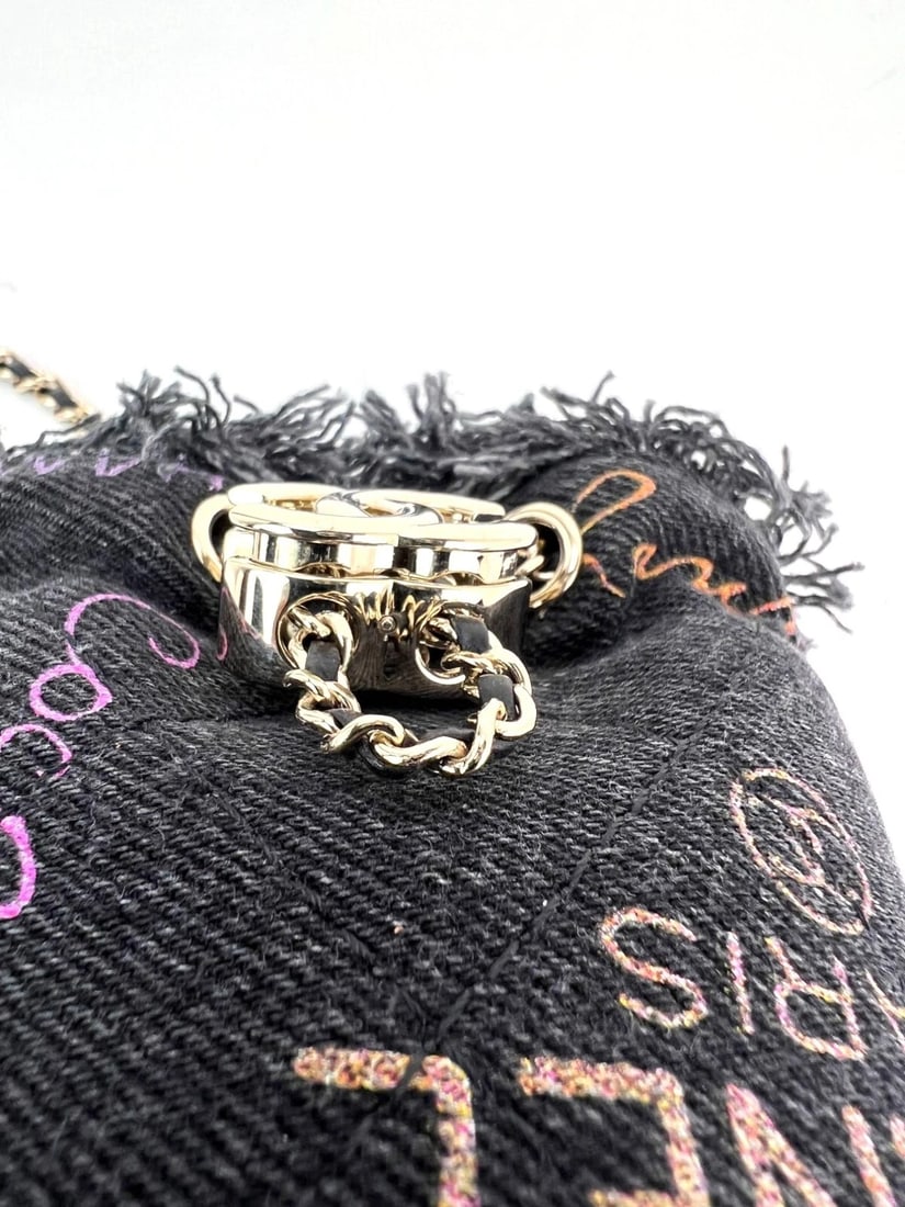Chanel Denim Quilted Mood Mini Bucket With Chain Black - 8