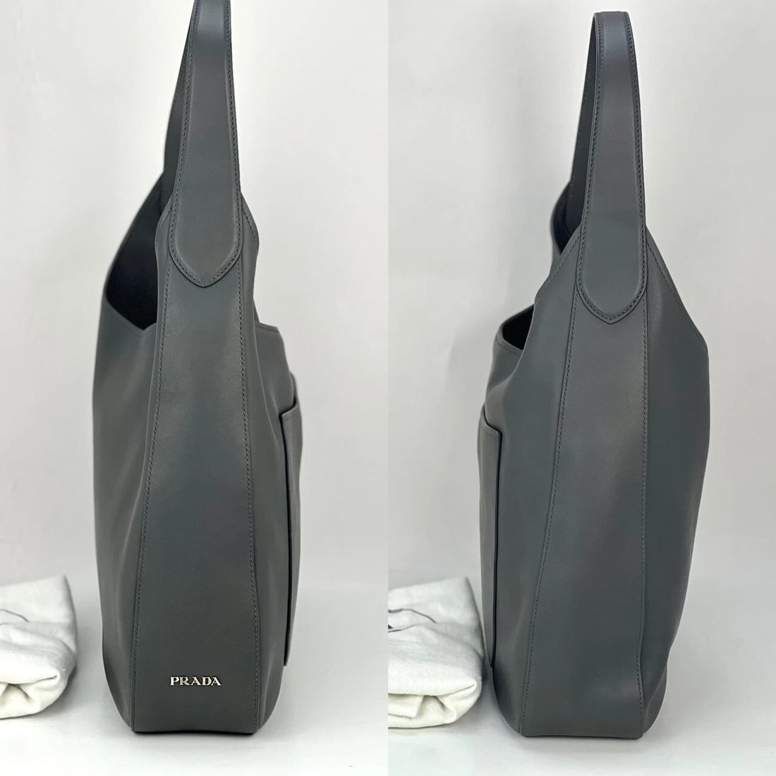 Prada Vitello Daino Grey Smooth Leather Hobo Bag - 7