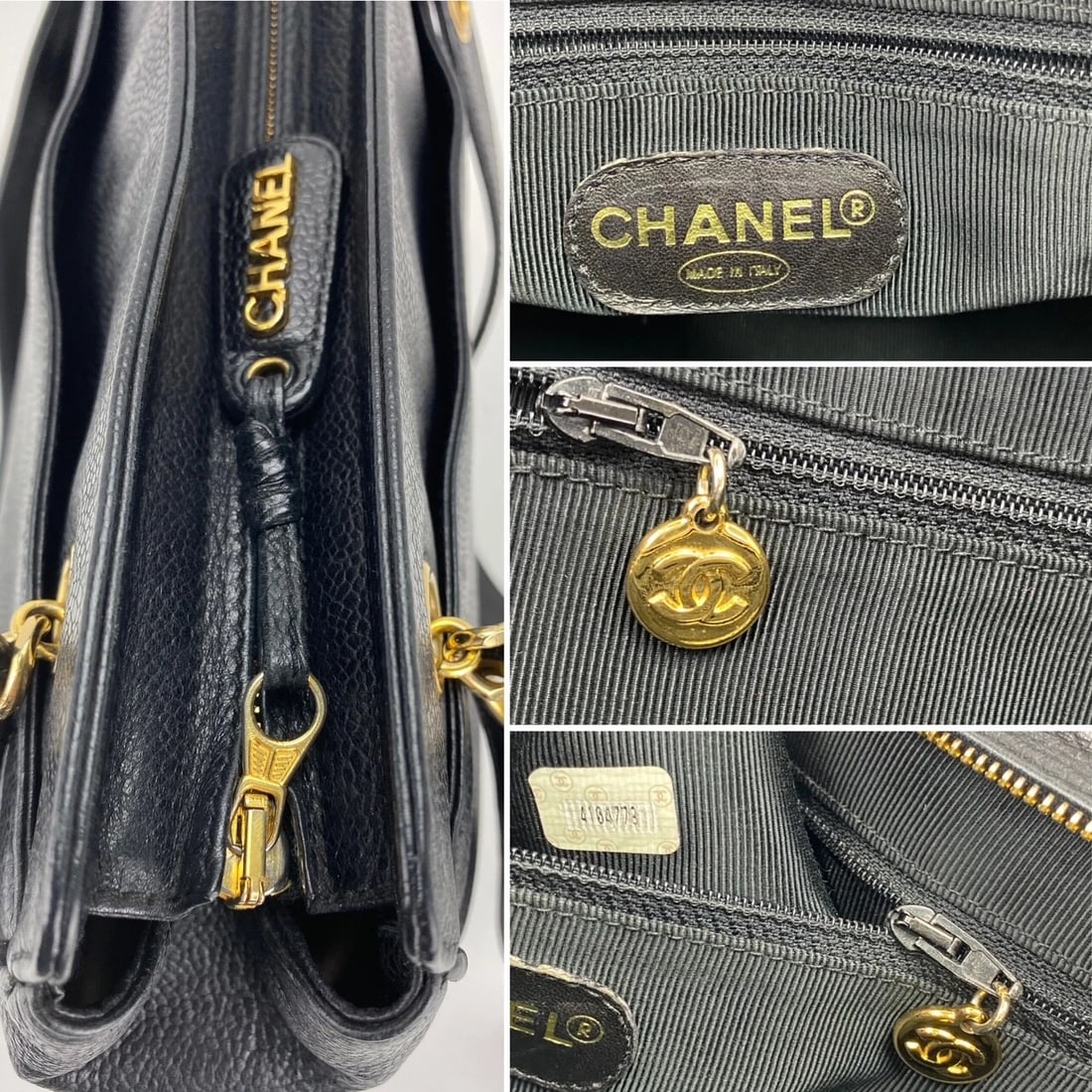 CHANEL Vintage Black Caviar Leather CC Zip Tote Shoulder Bag Gold - 10