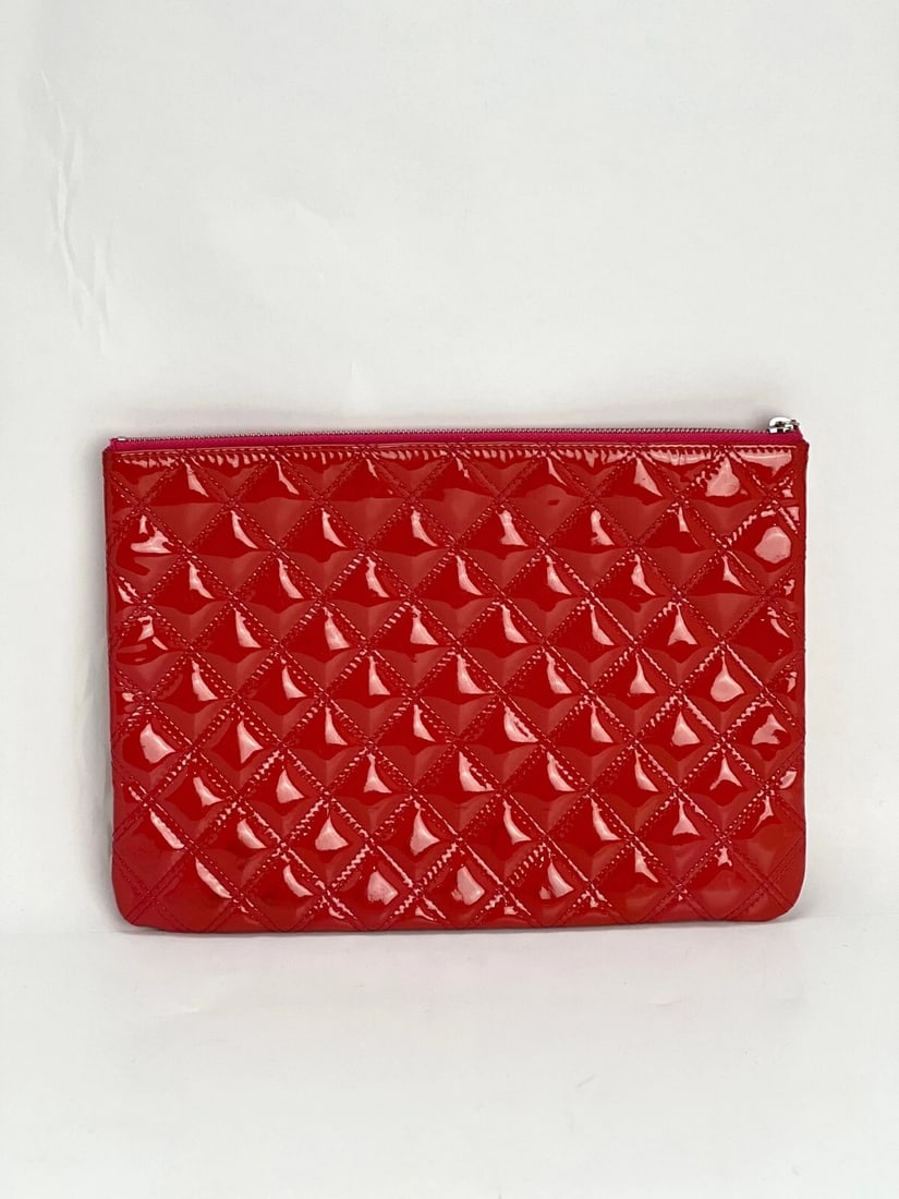 Chanel Patent Quilted Medium Cosmetic Case Dark Pink Clutch Bag - 2