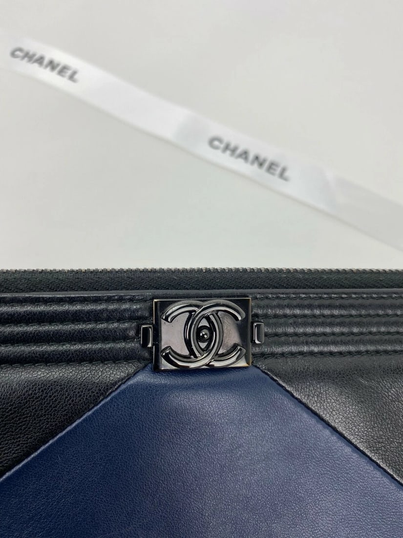 Chanel Bag Quilted Lambskin Leather Blue Large Boy Zip Pouch - 6