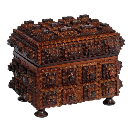 Tramp Art Box on Spool Feet with Interior Mirror (1 of 4)