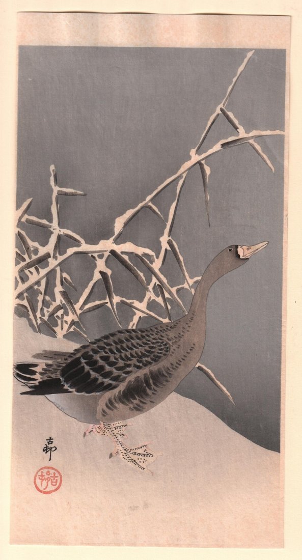 Ohara Koson - Mallards in Snow: Artist: Ohara Koson Subject: Mallards in Snow Date: c. 1910's Size: 7.5 inches x 14.25 inches Medium: Japanese woodblock print No Reserve Auction: This is a no reserve auction, which means there is no
