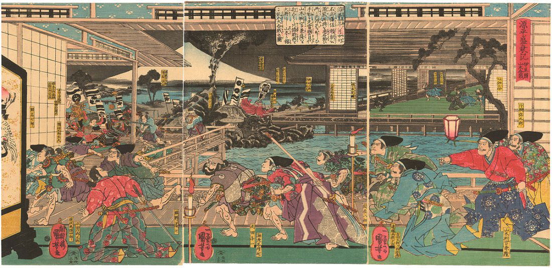 Kuniyoshi Triptych - Yoritomo's Attack on Yamaki Palace (1 of 6)
