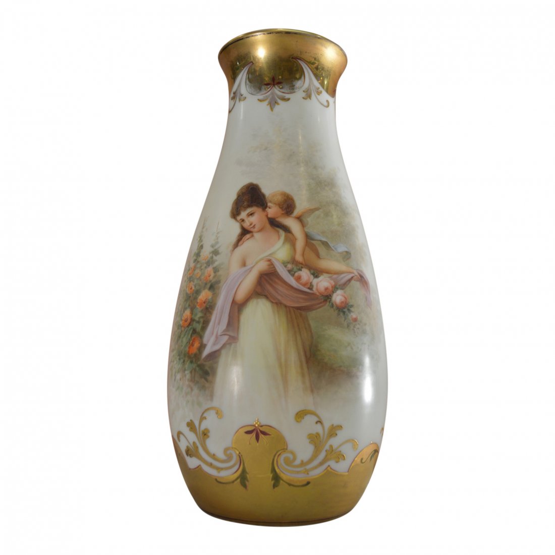 Opaline Vase With Girl And Cherub Surrounded By Roses: This opaline vase displays an image of a young woman and a cherub clinging to her back. The girl holds a cloth that overflows with light pink roses, which she has lovingly picked from the bushes in th