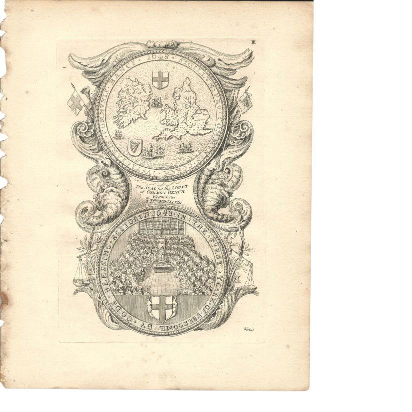 1752 Vertue Engraving Great Seal: Engraving of "The Seal for the Court of Common Bench at Westminster A.D. MDCXLVIII (1648)", by George Vertue, 1753. Fine condition, measures 9 x 11.25". No Reserve Auction: This is a no reserve auctio