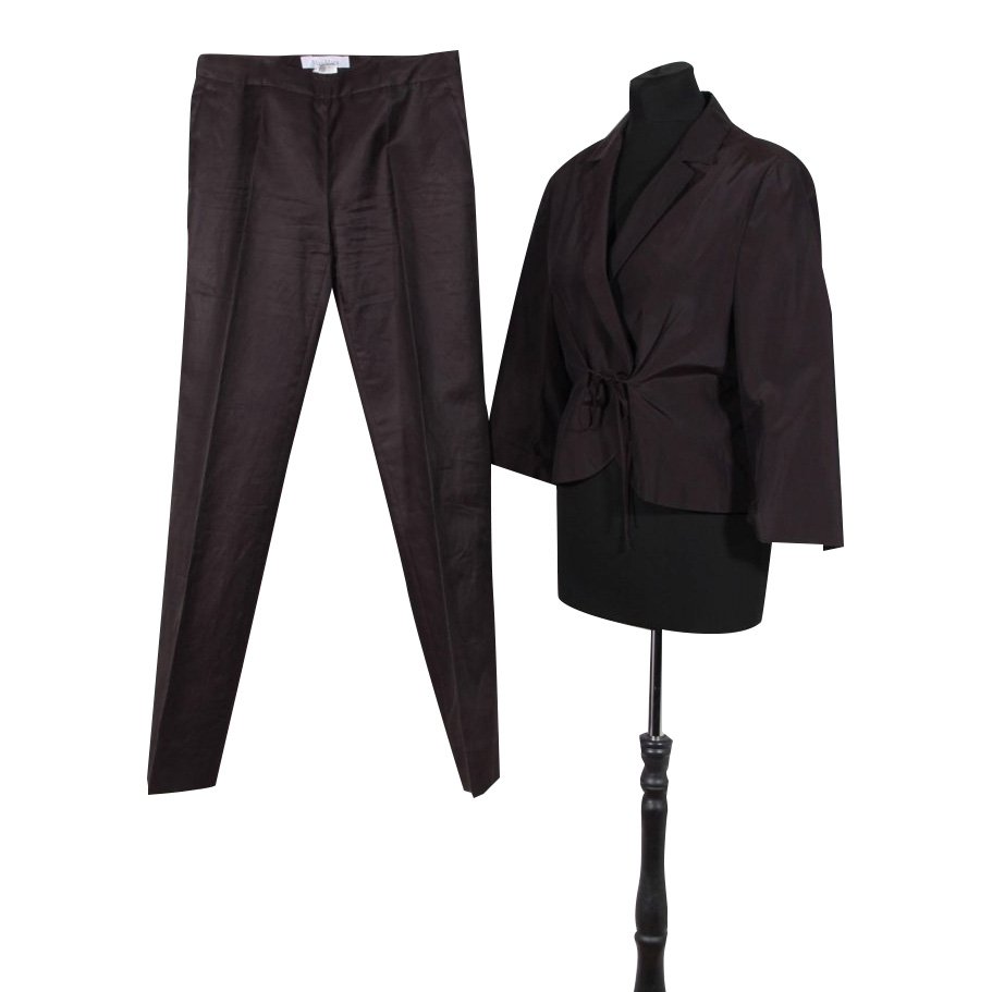 Max Mara Brown Silk & Cotton Dress Blazer & Trouser Set: Max Mara brown silk & cotton dress, blazer and trouser set. Brand: Max Mara Made in Italy Logos/Tags: "Max Mara" tag, size tags, composition tags. Blazer with self-tie belt closure on the front <