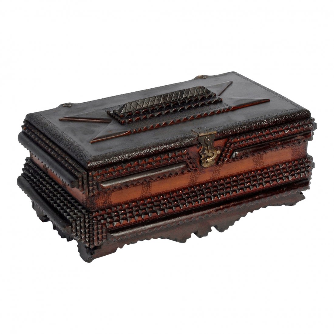 Fancy Tramp Art Sewing Box with Stars & Buttons: A fancy tramp art box with punch decorations of stars and the interior is packed with various period buttons, including bone and Bakelite examples. Date: ca. 1900-1920's Dimensions: 5.5 inches high x