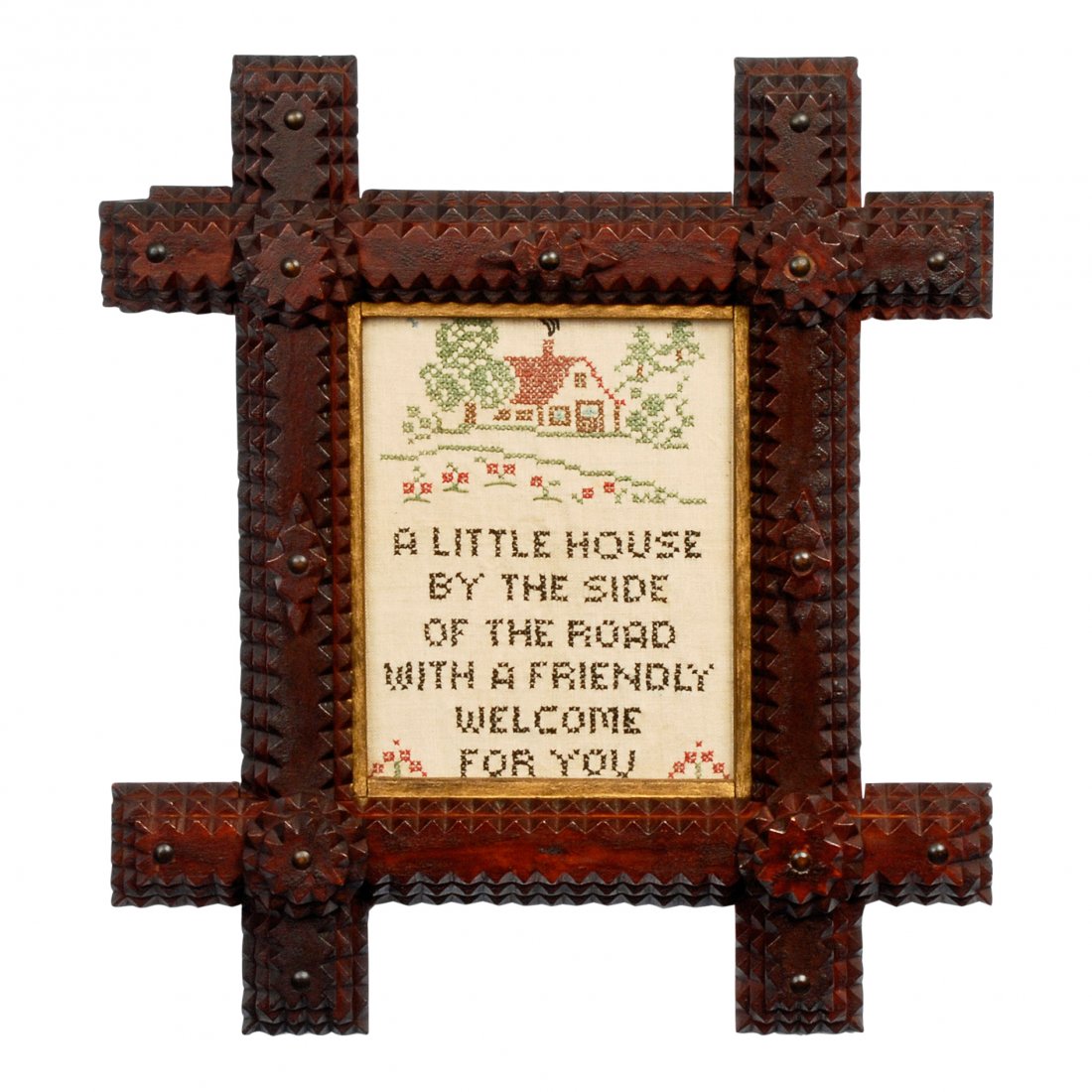 Tramp Art Frame with Textile: A tramp art frame with its original embroidered textile, 'A Little House by the Side Of The Road, With a Friendly Welcome For You'. Date: ca. 1910-1920 Dimensions: 17.5 inches high x 16 inches wide x 