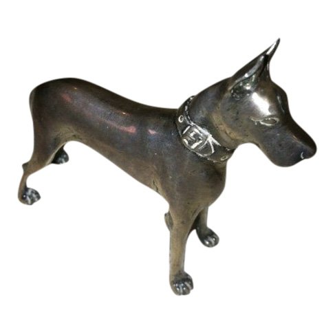 Kirk Sterling Mini Great Dane Paperweight, 1960's: Sterling silver paperweight in the shape of a great dane. Part of a series of miniature animals made by the Kirk Silver Company of Baltimore, MD. Material: Solid sterling silver Origin: Maryland, Amer
