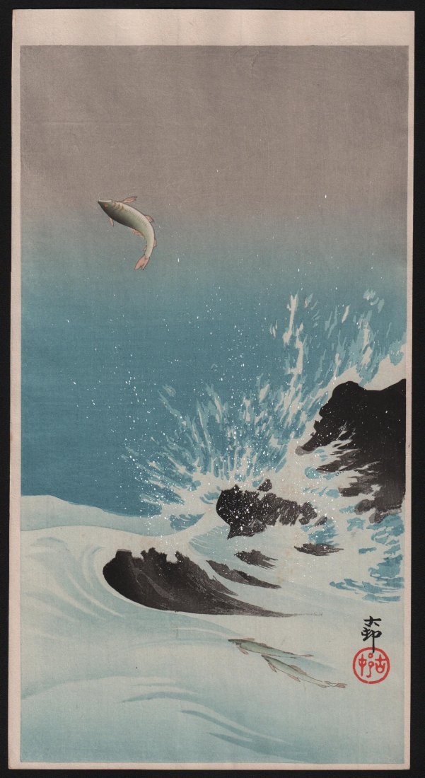 Ohara Koson - Leaping Fish in Ocean Spray, 1910: Artist: Ohara Koson Title: Leaping Fish in Ocean Spray Date: ca. 1910â€™s Size: 7.5 inches x 14.25 inches Finely printed with applied Gofun (ground oyster shell) to simulate ocean spray. Ohara Ko