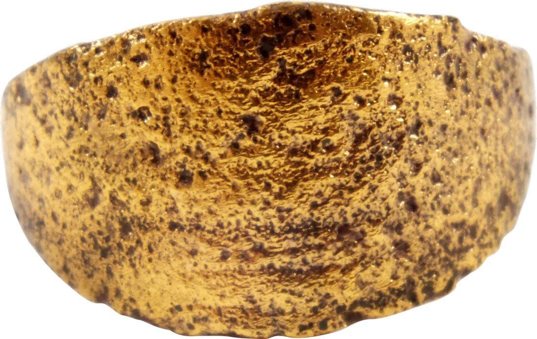 Viking Broad Bezel Ring: 8th-9th century. Variation of the “shield” form, probably dating earlier. Overlapping prong band with flattened oval. An ancient artifact professionally refurbished with the gold overlay restored.