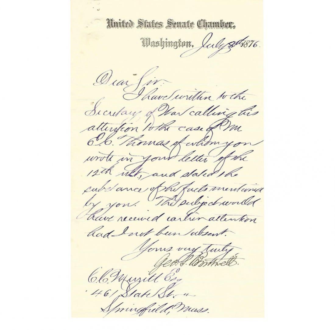 George Boutwell on Congress Stationery, 1876 (1 of 1)