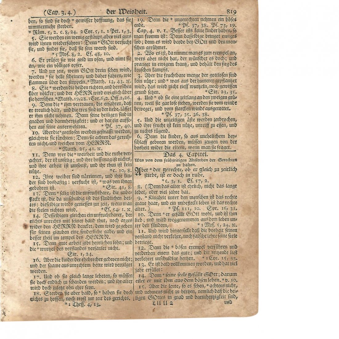 Revolutionary War Bible Leaf Gunwad, 1776: An original leaf from what is known as the "gun wad" bible, printed by Christoph Saur at Germantown in Pennsylvania during the revolutionary war in 1776. This leaf is in German Fraktur was printed in 