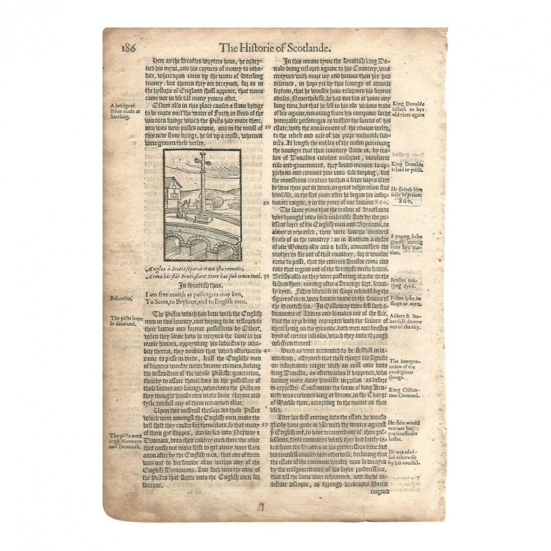 Leaf Holinshed Historie of Scotland, 1577: A leaf from 1577 printing of Raphael Holinshed “Historie of Scotalne”, printed at London, folio 185/186, in English. Measures 8 x 11 inches No Reserve: This lot starts at $1 and has no reserve as