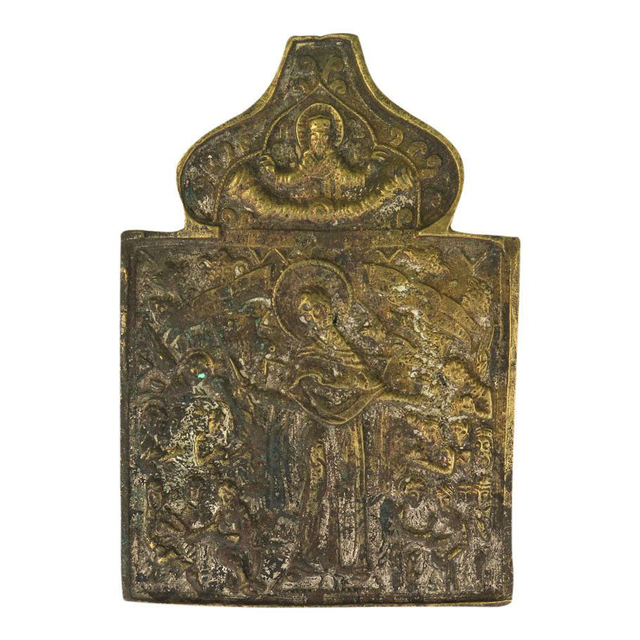 Russian Traveling Icon: Our Lady of Joy and Heaven: Antique 19th Century Russian Orthodox Traveling Icon of the Virgin Mary "Our Lady of Joy to Those Who Sorrow" This is a small traveling Icon of the Virgin Mary called "Our Lady of Joy to Those Who Sor