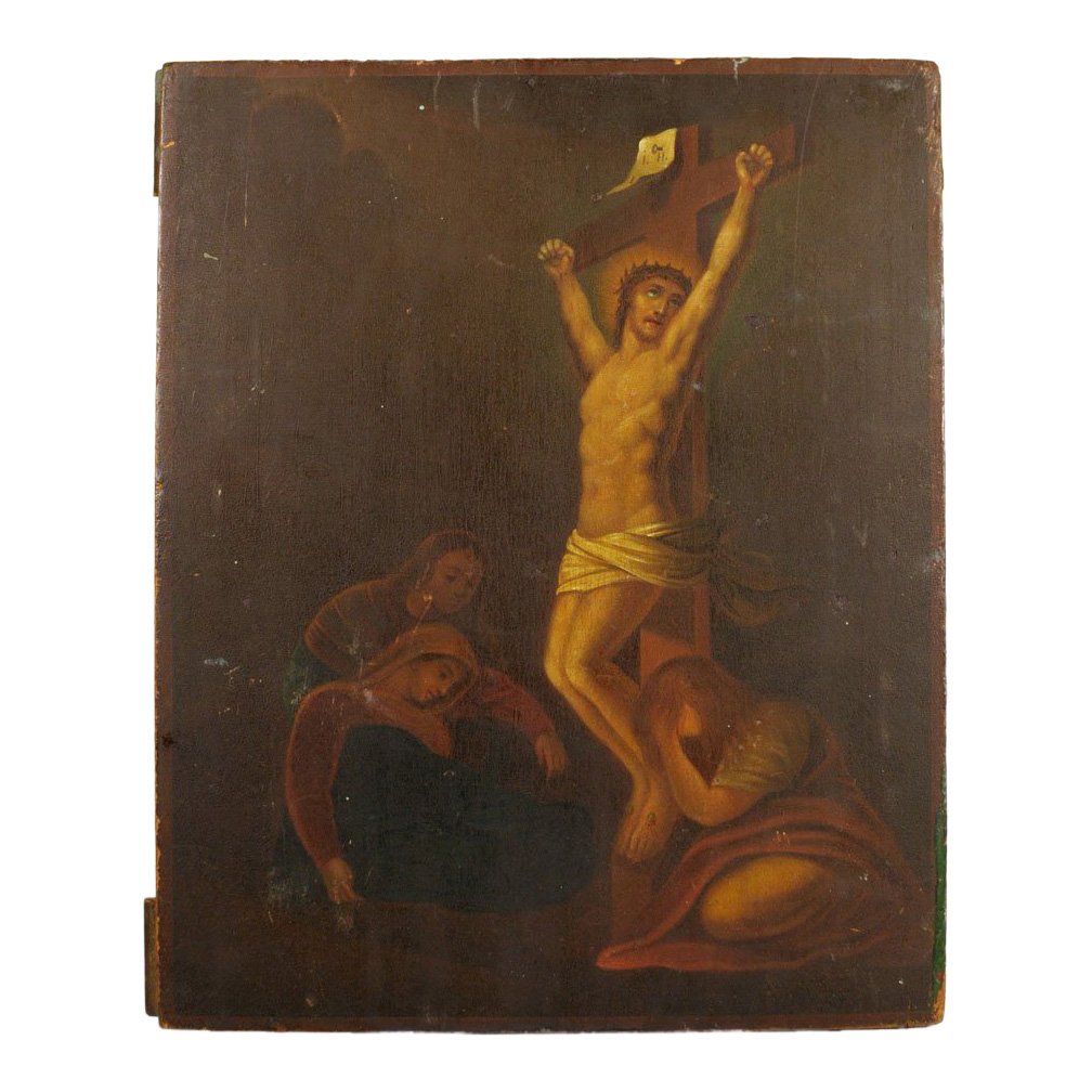 Ukrainian Icon: Crucifixion of Jesus: Antique 19th Century Ukrainian Orthodox Icon of the Crucifixion of Jesus This Icon is a Western representation of the Crucifixion of Jesus Christ. This powerful image is pacified by a combination of s