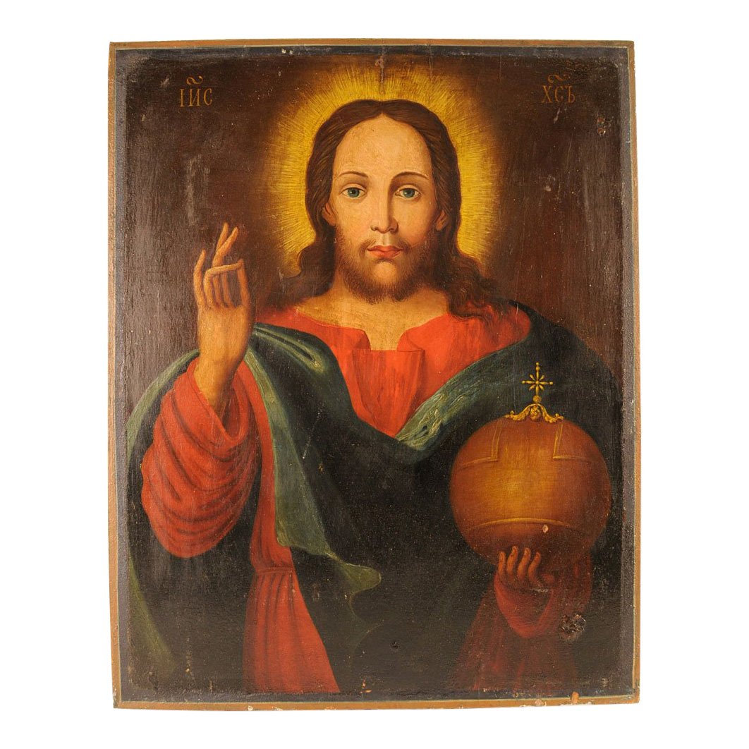 Ukrainian Icon: Christ Emmanuel: Antique 19th Century Ukrainian Orthodox Icon of Christ Emmanuel This vivid Icon is called "Christ Emmanuel." It shows Christ with the Earth in his left hand while presenting the sign of the Trinity in