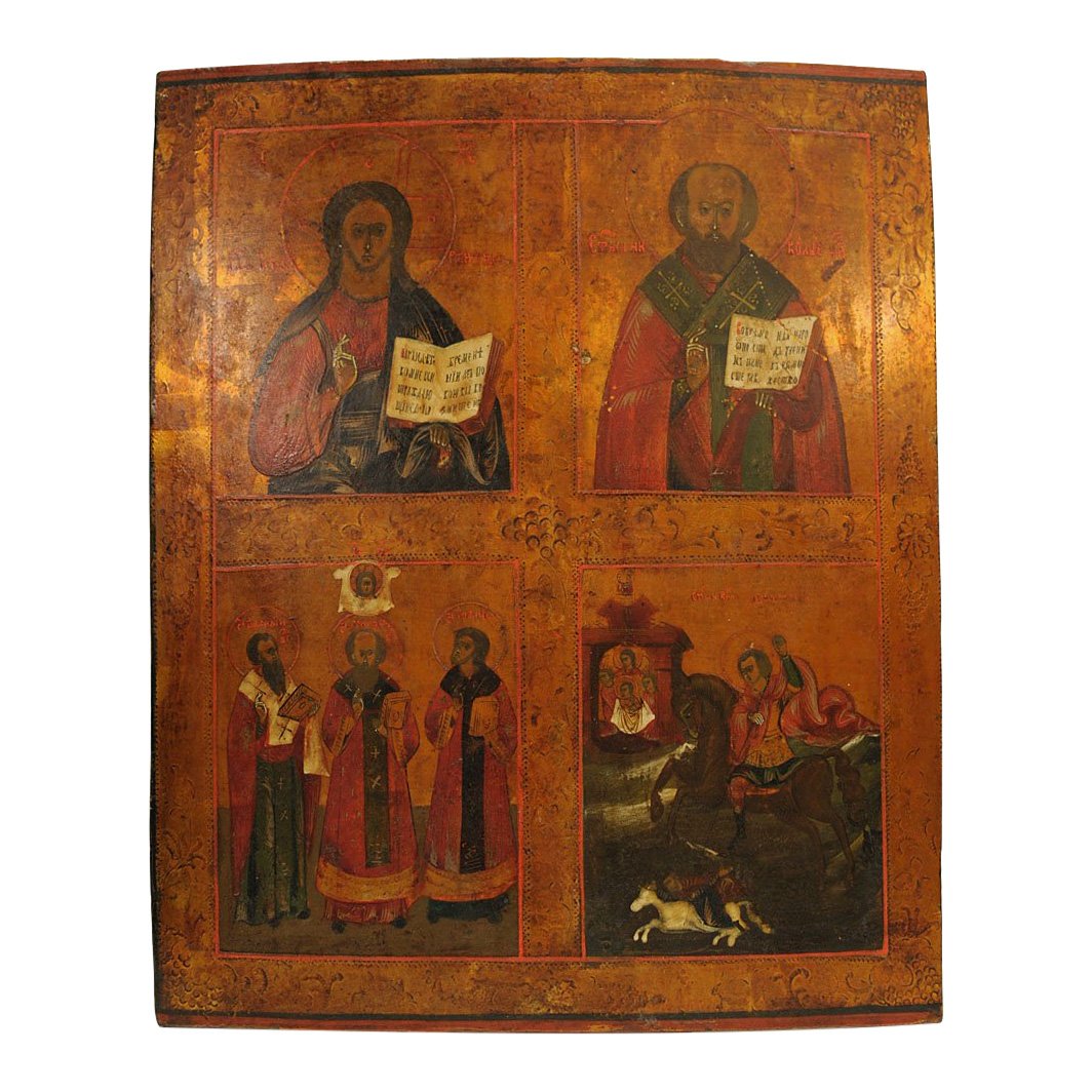 Russian Four Panel Icon: Christ, Saints, and Hierarchs (1 of 5)