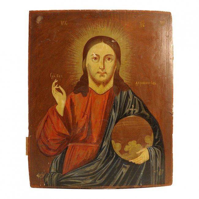 Ukrainian Icon: Christ Emmanuel: Antique 19th Century Ukrainian Orthodox Icon of Christ EmmanuelThis Icon is called "Christ Emmanuel." It shows Christ with the earth in his left hand while presenting the sign of the Trinity in his ri