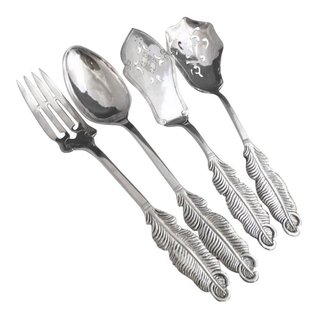 Set of 4 Pierced Silver Servers with Feather Handles (1 of 10)