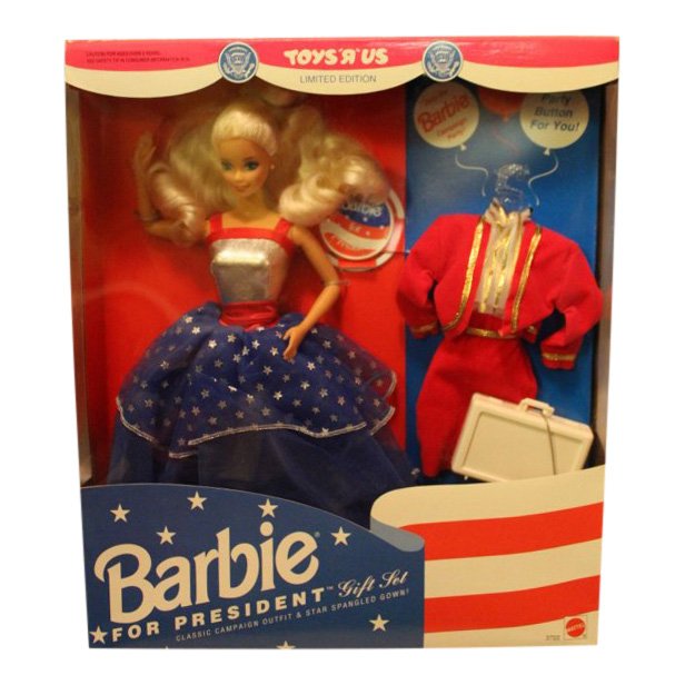 Barbie for President Limited Edition Gift Set: Item: Barbie for President Gift Set Toys R Us Limited Edition Date: 1991 Size: 11.5 inches Comes with 2 piece red suit, an inaugural gown, earrings, ring, plastic briefcase, hairbrush and a child's si