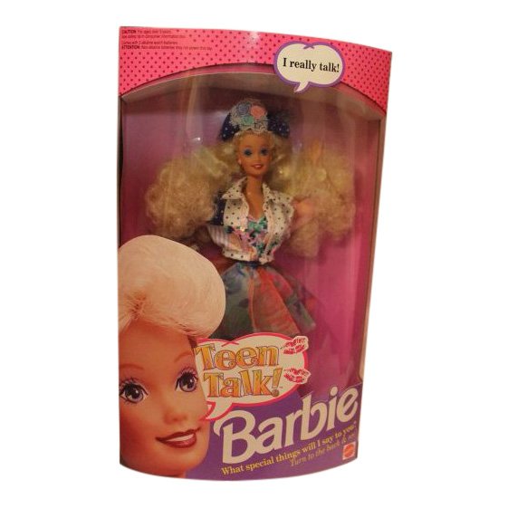 Teen Talk Barbie - Blonde, 1991: Item: Teen Talk Barbie, Blonde Date: 1991 Size: 11 inches Press button on her back to make Barbie talk No Reserve: This lot starts at $1 and has no reserve as a courtesy so that collectors can determi