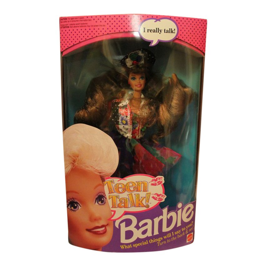Teen Talk Barbie - Brunette, 1991: Item: Teen Talk Barbie - Brunette Date: 1991 Size: 13.5 inches Press button on her back to make Barbie talk No Reserve: This lot starts at $1 and has no reserve as a courtesy so that collectors can de