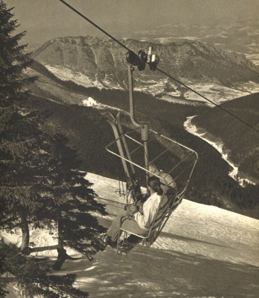 Vilem Heckel: Chairlift in Mala Fatra Mountains: Medium: Sheet fed Copperplate Gravure Date: 1956 Printed in Prague Image Size: 8.25 x 9.5 inches Vilem Heckel was a Czech photographer born in 1918. He specialized mainly in landscape photography, foc