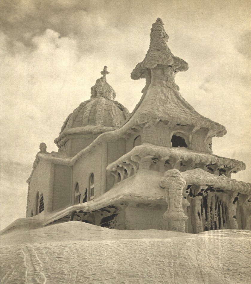 Vilem Heckel: Ice Covered Chapel in Beskydy Mountains: Medium: Sheet fed Copperplate Gravure Date: 1956 Printed in Prague Image Size: 8.25 x 9.5 inches Vilem Heckel was a Czech photographer born in 1918. He specialized mainly in landscape photography, foc